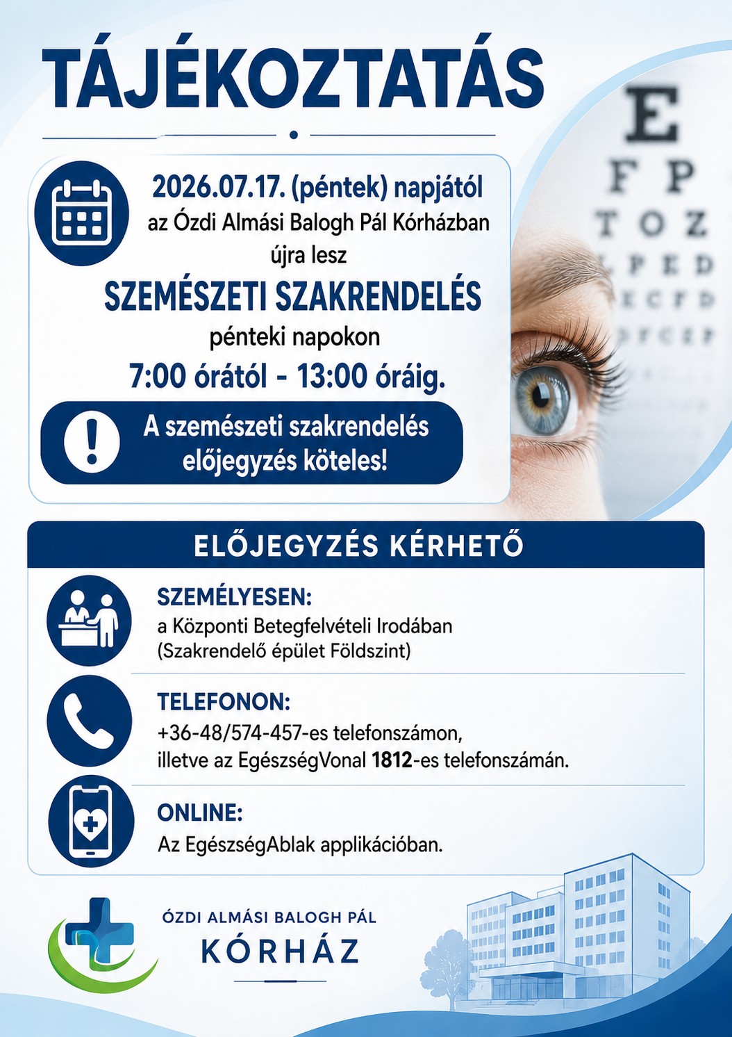 Szemészeti szakrendelés péntekenként!